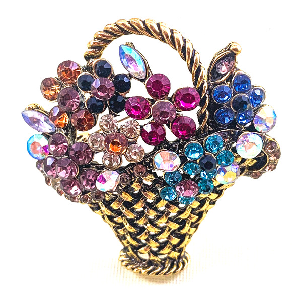 Super Sparkly Basket Full of Flowers Brooch/ Pin, Multicolored Rhinestones - NEW - Picture 1 of 5